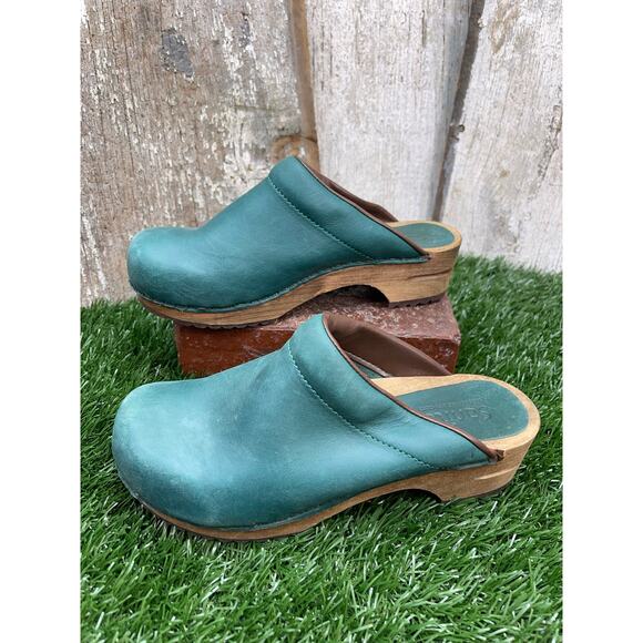 Sanita Sandra Forrest Green Leather Wooden Clogs EU36 - Picture 1 of 7